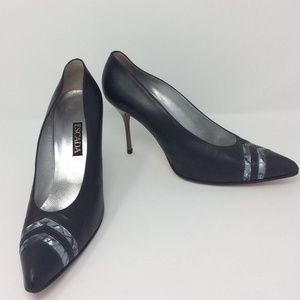 Escada Dark Gray Silver Leather Heel Pumps Sz 10 B